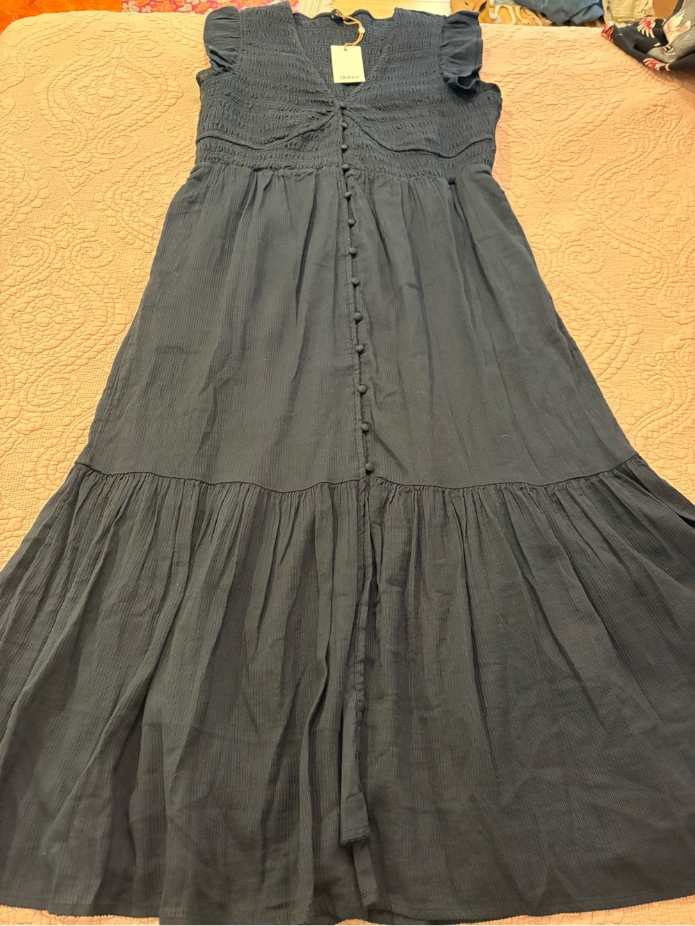 100% Cotton NWT Quince Navy Blue Maxi Dress with Front Buttons